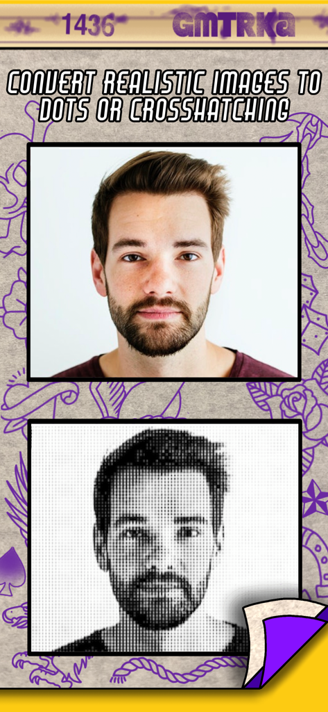 Un retrato realista siendo convertido en puntos de semitono para un stencil de tatuaje usando la aplicación Tattoo Print System