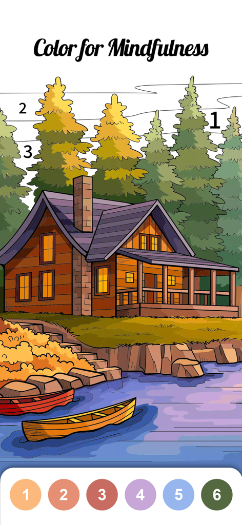 Calm Color-Color By Number - Calm Color app interface featuring a cabin by a lake with numbered coloring sections