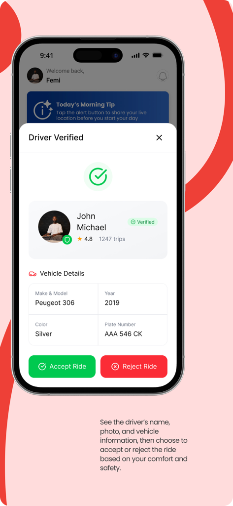 Rescuetap - Rescuetap app screen displaying verified driver and vehicle details with options to accept or reject a ride.