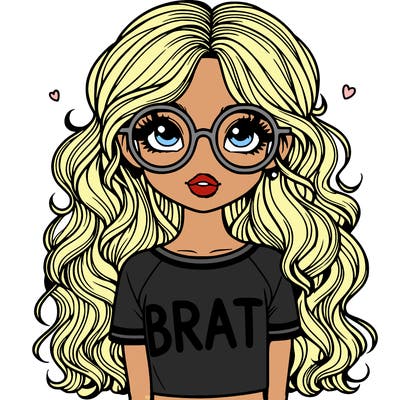 girl wearing shirt with "brat" on it with long wavy hair and charli xcx glasses