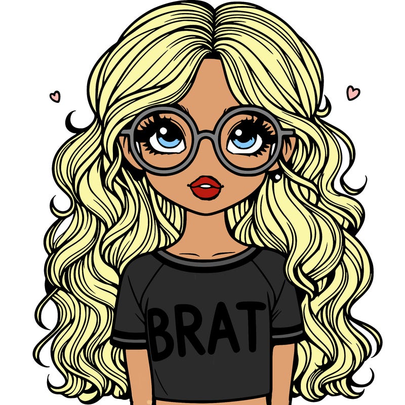 girl wearing shirt with "brat" on it with long wavy hair and charli xcx glasses