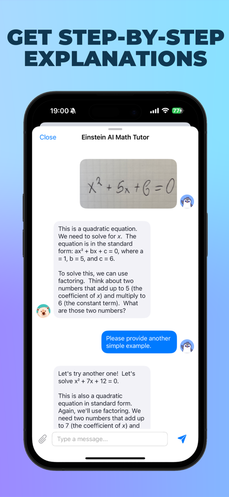 A mobile app screen showing an AI tutor providing step by step explanations for quadratic equations in a chat interface
