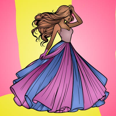 realistic woman with dress flowing in the wind