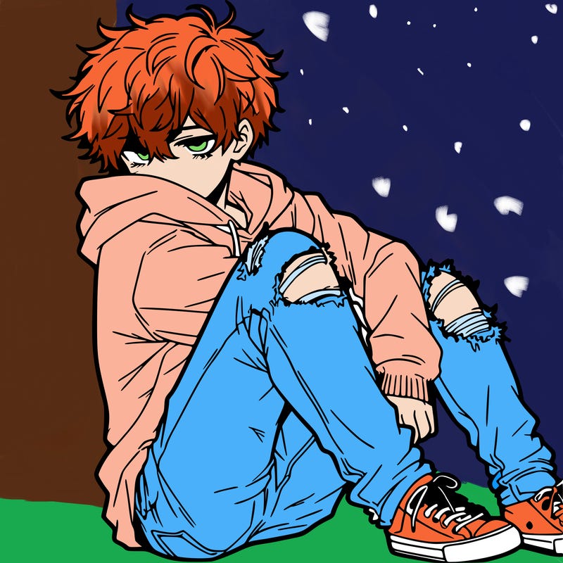 a male hoddie ripped jeans messy hair anime