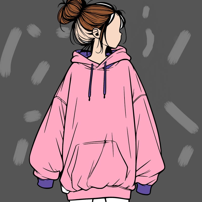 realistic girl with a oversized sweatshirt on and a bun