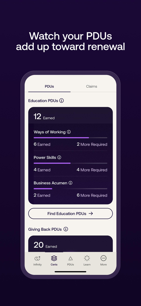 Panel de la app PMI Official para rastrear el progreso de PDU hacia la renovación de la certificación.