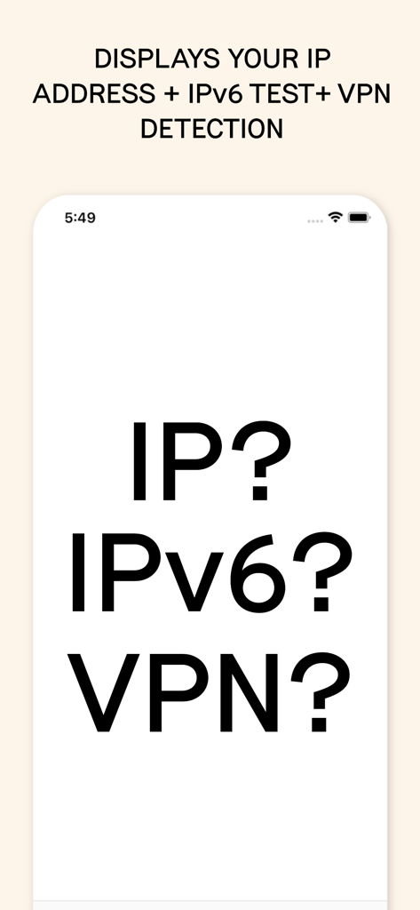 Schermata dell'app che mostra le funzionalità di rilevamento dell'indirizzo IP IPv6 e VPN