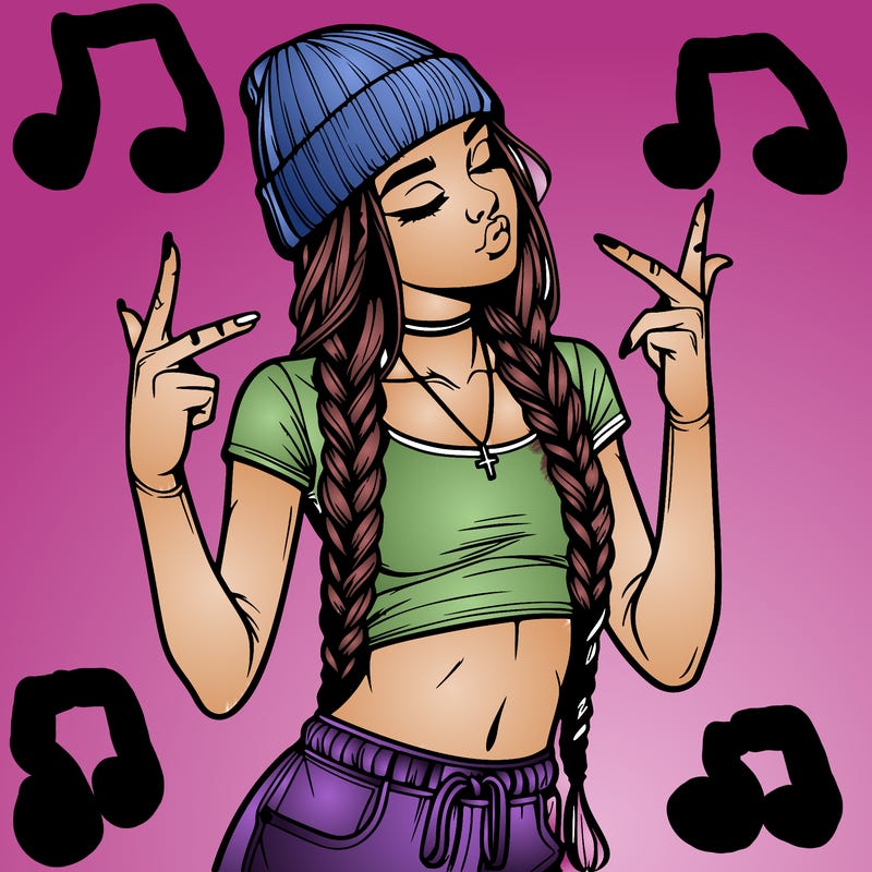 realistic teenage girl with braids and a beanie and crop top doing 🫶🏼