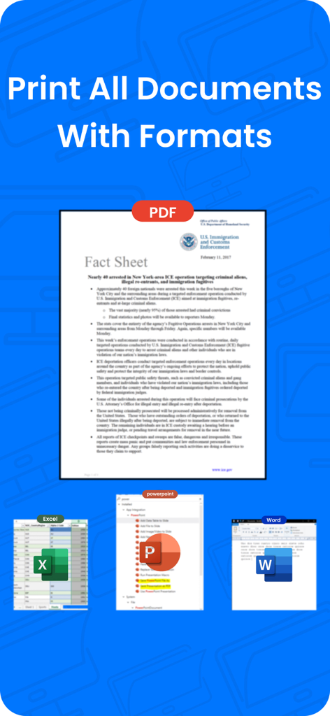 Smart Printer・Print & Scan - Interfaz de la aplicación Smart Printer que muestra soporte para imprimir documentos PDF, Word, Excel y PowerPoint