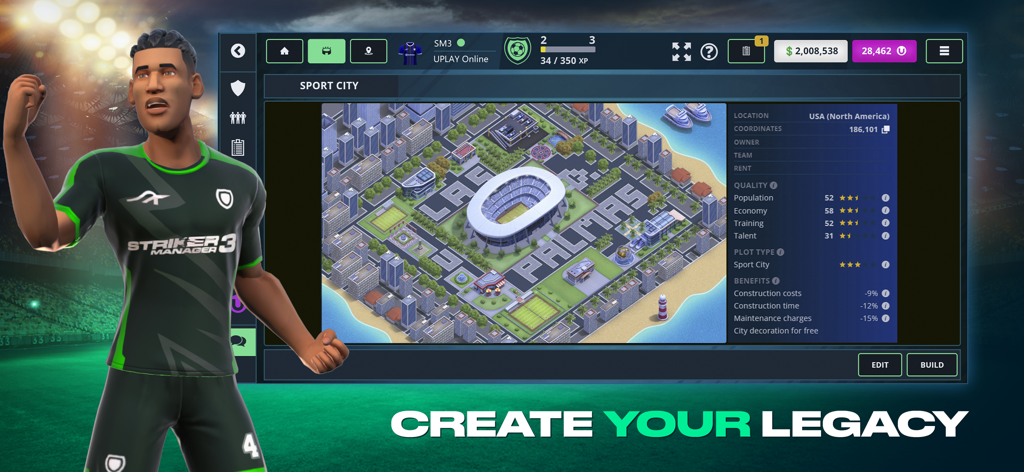 Striker Manager 3 - Striker Manager 3 game interface showing a 3D soccer player and the Sport City management screen with a city map and stadium.