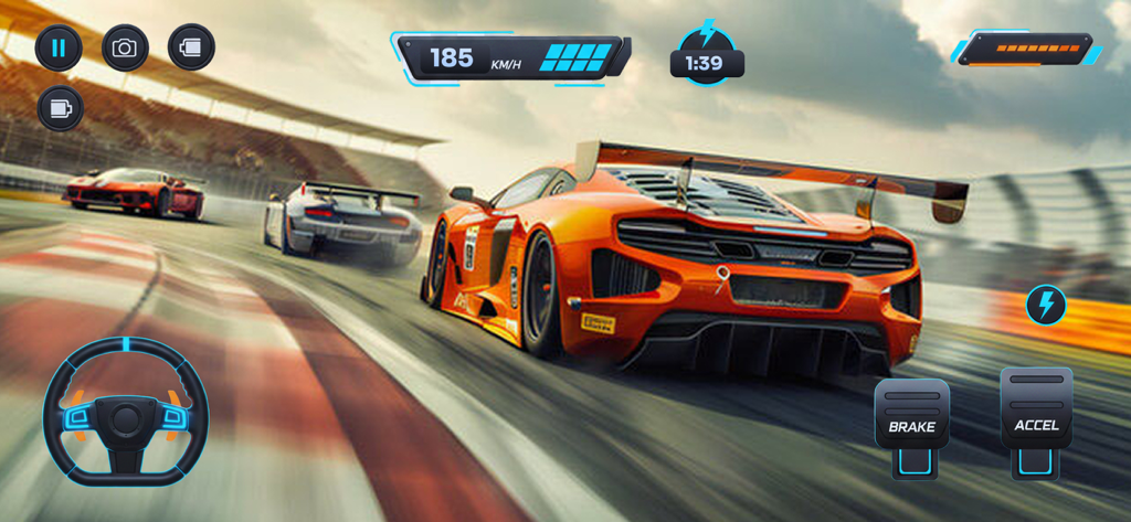 Interfaccia di gioco di corse Drift Xtreme con una supercar arancione su una pista