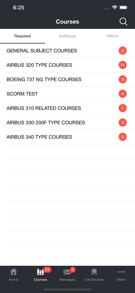 Flyco - List of required aviation training courses for different aircraft models in the Flyco app