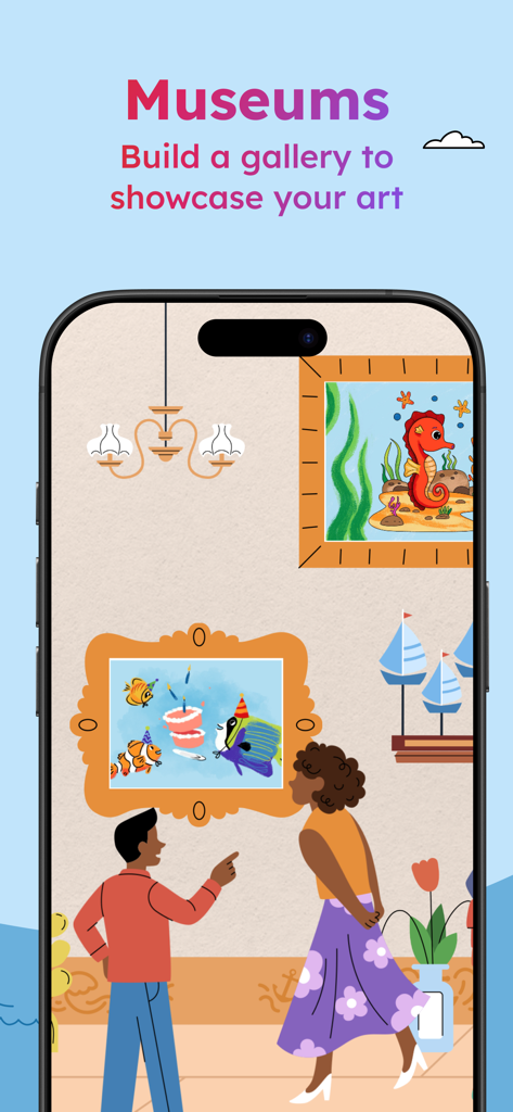 Project Aqua: Adobe for Kids - Adobe for Kids 앱에서 어린이 그림을 보여주는 디지털 아트 갤러리