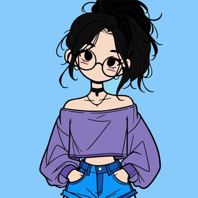 girl with a messy ponytail glasses a baggy crop top and jean shorts