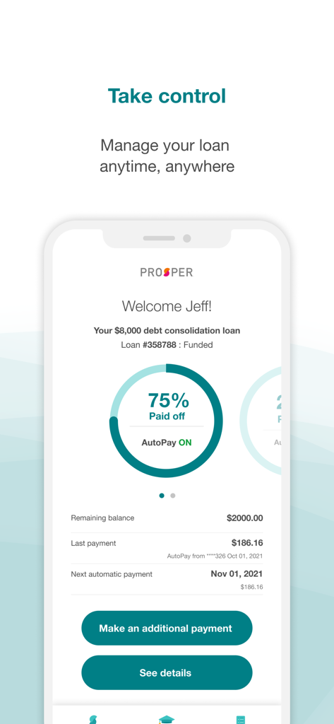 Prosper: Personal Loans - Prosperアプリダッシュボード、75％返済済みのステータスと支払い詳細が表示された債務整理ローンを表示
