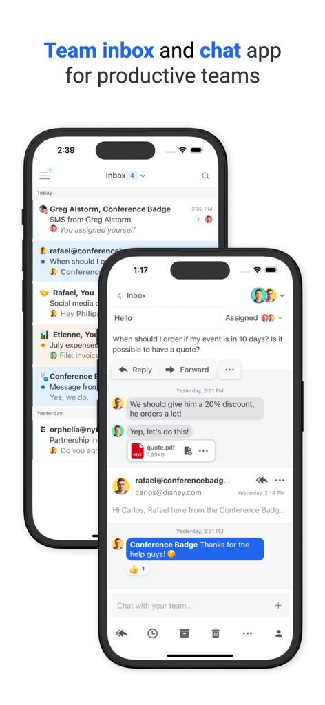 Missive app interface displaying a shared team inbox and internal chat messages on an email thread.