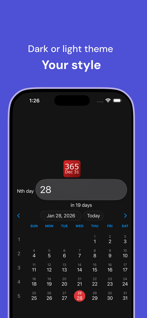 Interfaccia dell'app calendario data giuliana in modalità tema scuro