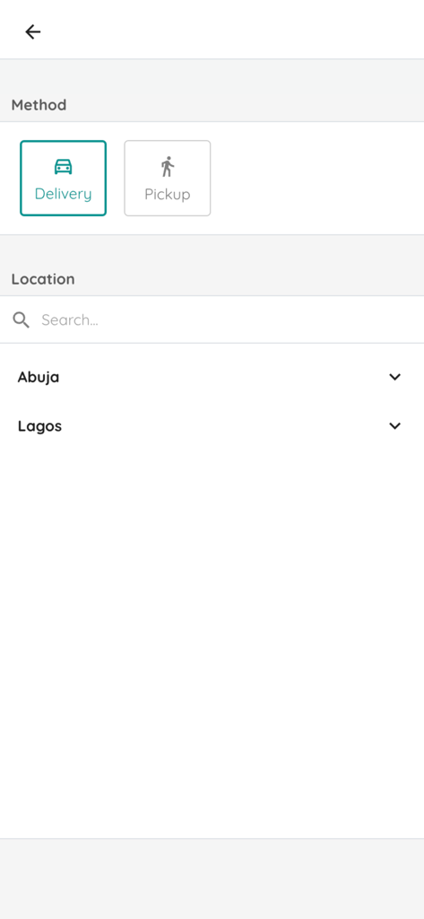 Scoop'd Ice Cream Bar - Screen for choosing delivery or pickup method and location in the Scoop'd Ice Cream Bar app.