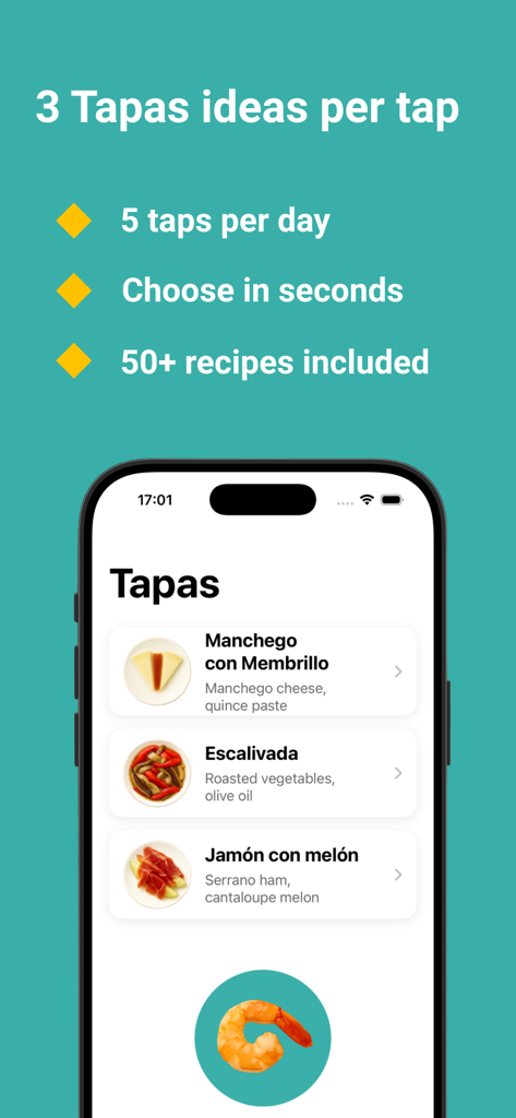 Tapas Spinner - Una captura de pantalla de la aplicación Tapas Spinner que muestra tres ideas de comida española y destaca su función de cinco giros por día.
