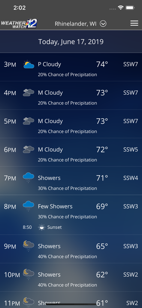 Previsioni meteo orarie per Rhinelander, Wisconsin sull'app mobile WJFW WeatherWatch 12