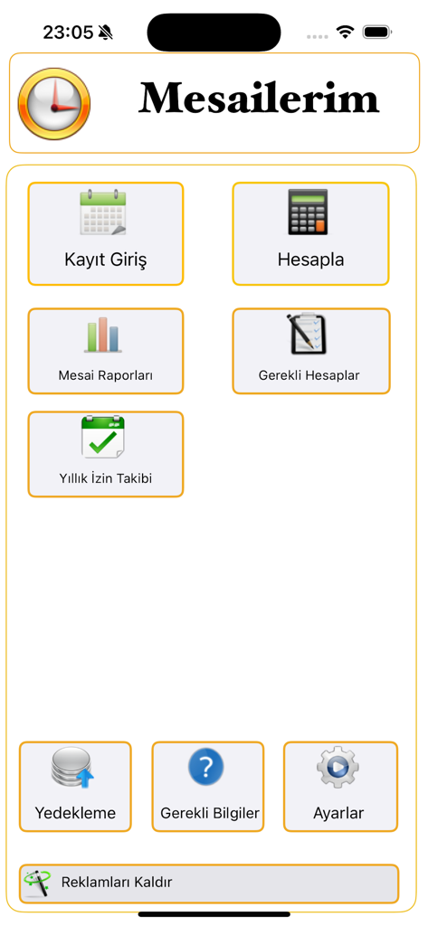 Mesailerim - Home screen of the Mesailerim app showing the main Turkish language menu for overtime and salary tracking