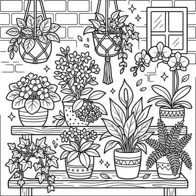 Discover a garden of delight with this charming coloring page featuring a variety of flowering houseplants. Designed for kids, it offers a fun and educational way to learn about nature indoors.