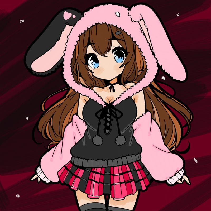 pretty anime girl wearing a fluffy hoodie with bunny ears on the hood and a skirt
