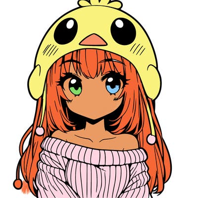 anime girl with chick shaped hat with sweater with bare shoulders with bangs covering them one eye with low tail