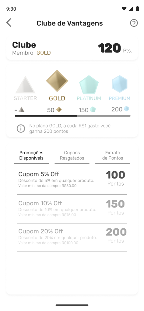 Tela do programa de fidelidade do aplicativo VMmarket mostrando pontos do usuário e cupons de desconto