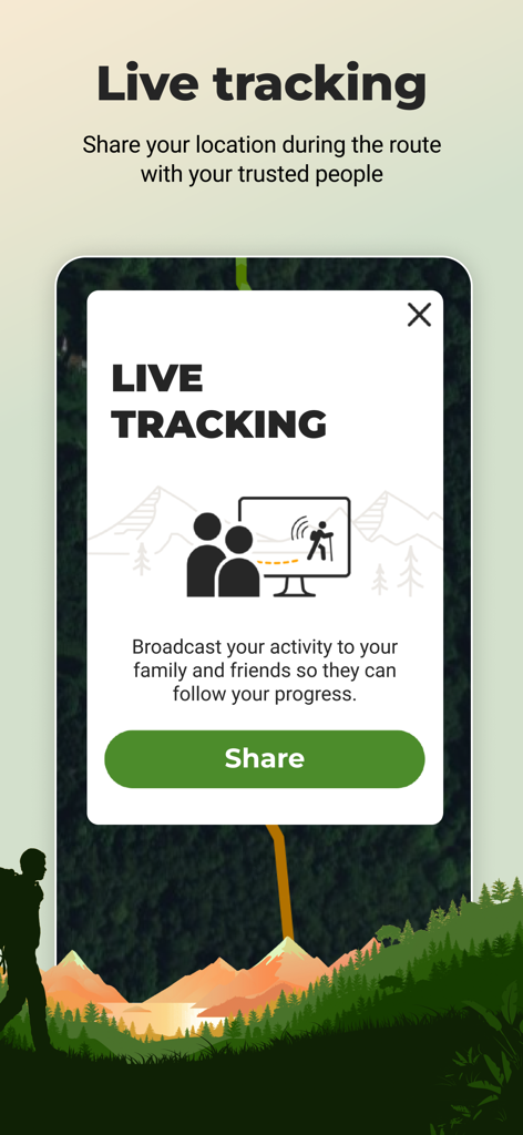 Screenshot of Wikiloc app showing the live tracking feature for sharing real-time outdoor activity progress with family and friends