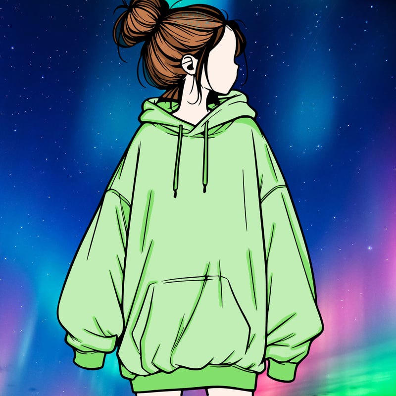 realistic girl with a oversized sweatshirt on and a bun