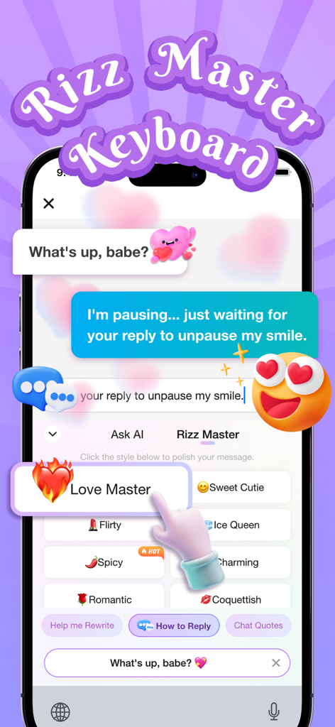 Función Rizz Master del Teclado Kika que muestra asistencia de chat por IA para mensajes coquetos y con estilo