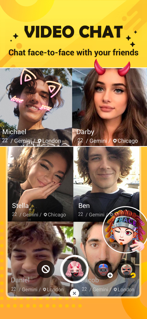 Hago- Party, Chat & Games - Ein Gruppen-Videochat in der Hago-App mit jungen Nutzern, die lustige AR-Gesichtsfilter verwenden