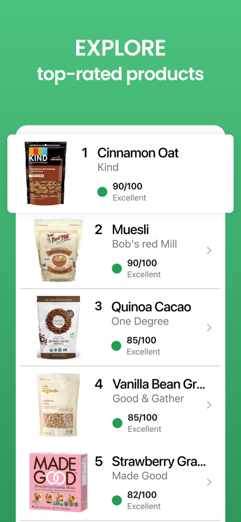 Yuka - Food & Cosmetic Scanner - A list of top-rated food products on the Yuka app showing their health scores and ratings.