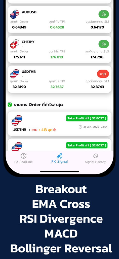 Interfaz de la aplicación móvil que muestra señales de trading Forex para pares de divisas con puntos de entrada, ganancia objetivo y stop loss.