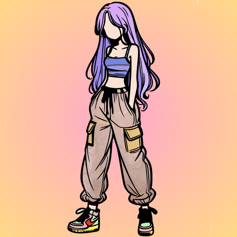 girl in baggy pants crop top and long hair