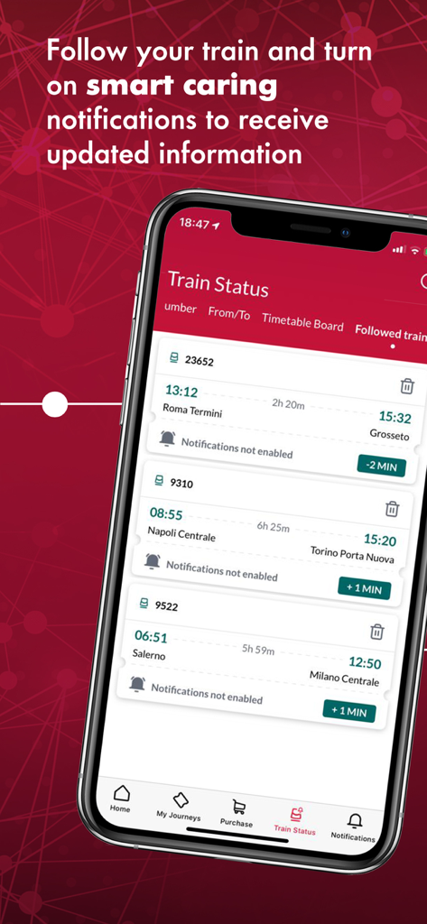 Trenitalia - Real-time train status updates and tracking on the Trenitalia mobile app interface.