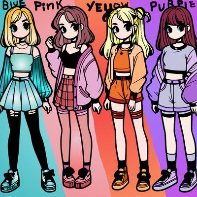 one girl with crop-top shirt and a jacket with a skirt, long socks and another girl with a shirt and pants with a jacket