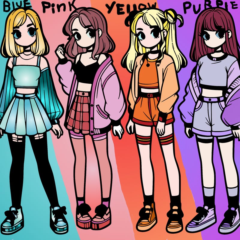 one girl with crop-top shirt and a jacket with a skirt, long socks and another girl with a shirt and pants with a jacket