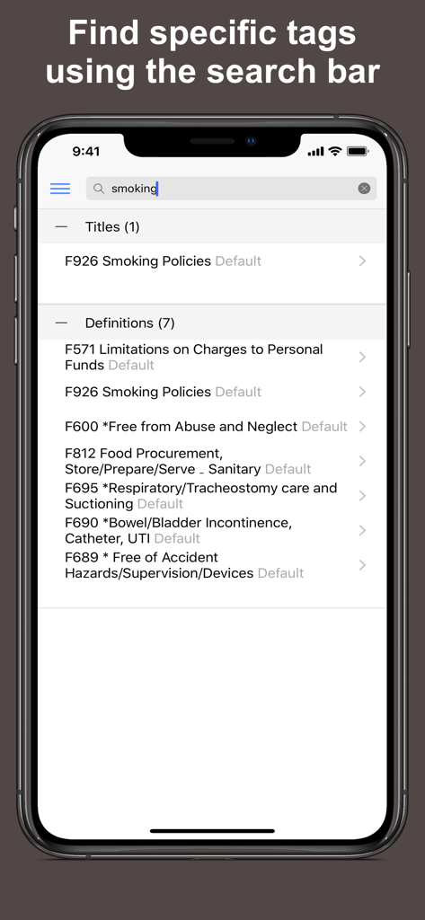 LTC SOM Regs - Search interface of the LTC SOM Regs app showing FTag results for nursing home regulations