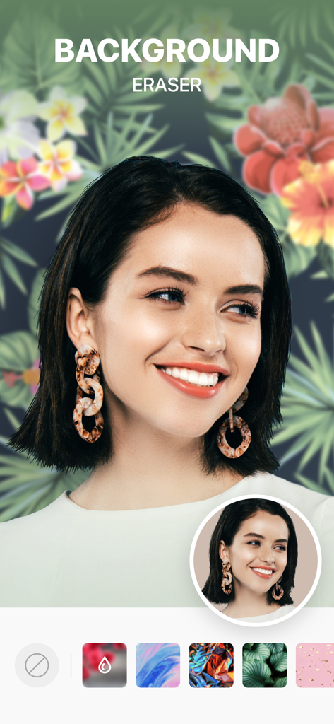 EasyGlam app demonstrating the background eraser feature with a woman against a tropical floral pattern