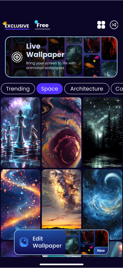 Live Wallpaper 4K - HD Theme - Interface of the Live Wallpaper 4K app showing a selection of high definition space themed backgrounds