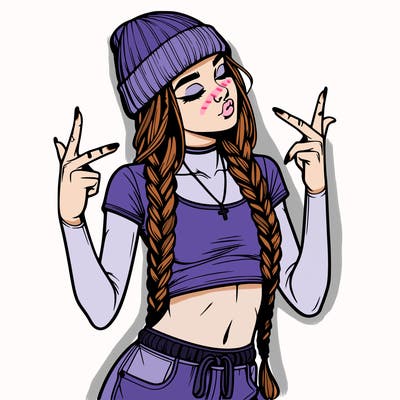 realistic teenage girl with braids and a beanie and crop top doing 🫶🏼
