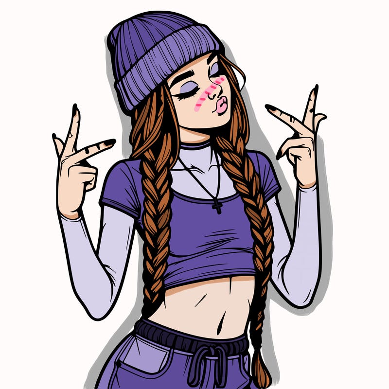 realistic teenage girl with braids and a beanie and crop top doing 🫶🏼