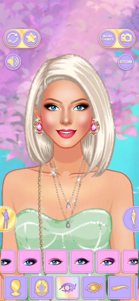 A blonde avatar being styled with different eye makeup and jewelry in a pastel dress up game