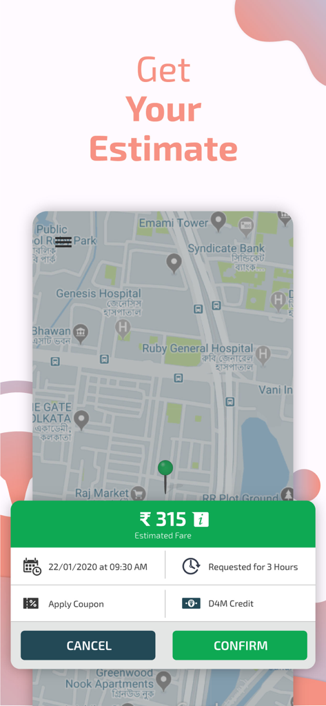 Drivers4Me - Get Car Drivers - Drivers4Me app interface showing a fare estimate and booking details for a professional driver