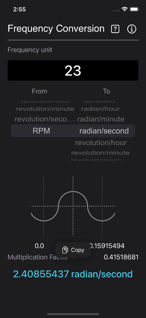 Interfaz de una aplicación técnica de conversión de unidades de frecuencia en modo oscuro mostrando un cálculo de RPM a radián por segundo con un gráfico de onda sinusoidal.