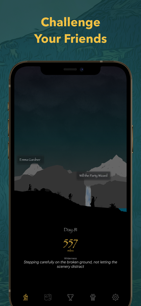 걷기 퀘스트 중 실루엣 산길에 있는 친구 아이콘을 보여주는 판타지 하이킹 앱 화면