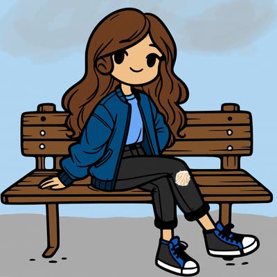 girl sitting on a bench with one leg over another she has a jacket on and jeans and long hair
