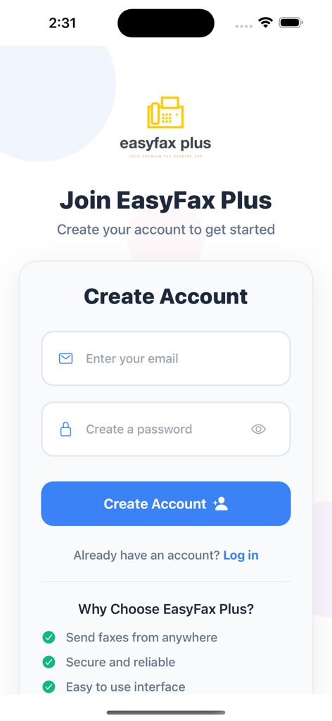 Easy Fax Plus - Pantalla de creación de cuenta de Easy Fax Plus con campos de correo electrónico y contraseña